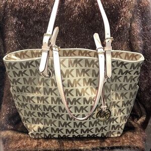 Michael Kors Tan and Cream Logo Iconic MK Canvas & Leather Tote Bag